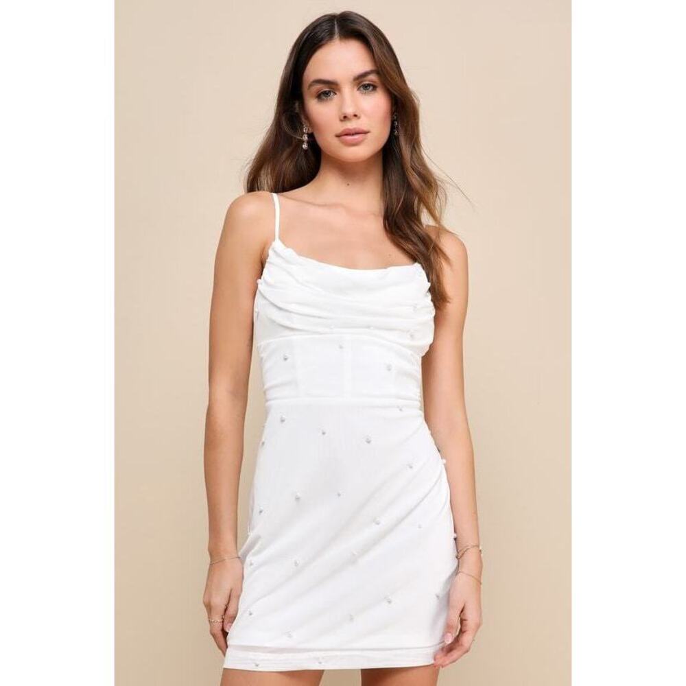 Lulus Spectacular Poise Ivory Mesh Pearl Cowl Bodycon Mini Dress White - Size M